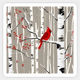 Minimalist Scandinavian Art Winter Birch Tree Red Cardinal Sticker